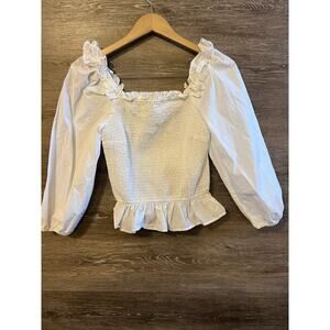 The Drop Top White Crop Shirt Ruffle Form Fit Puff Sleeves Peasant Marisol SMALL